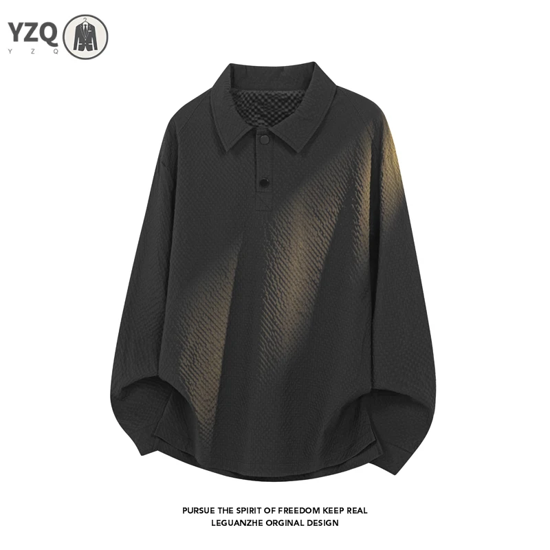 Mens Baggy Cropped Long Sleeve Polo Top Half Button Lapel Collar Textured Fabric For Strolling Gathering And Daily Relax Outfit