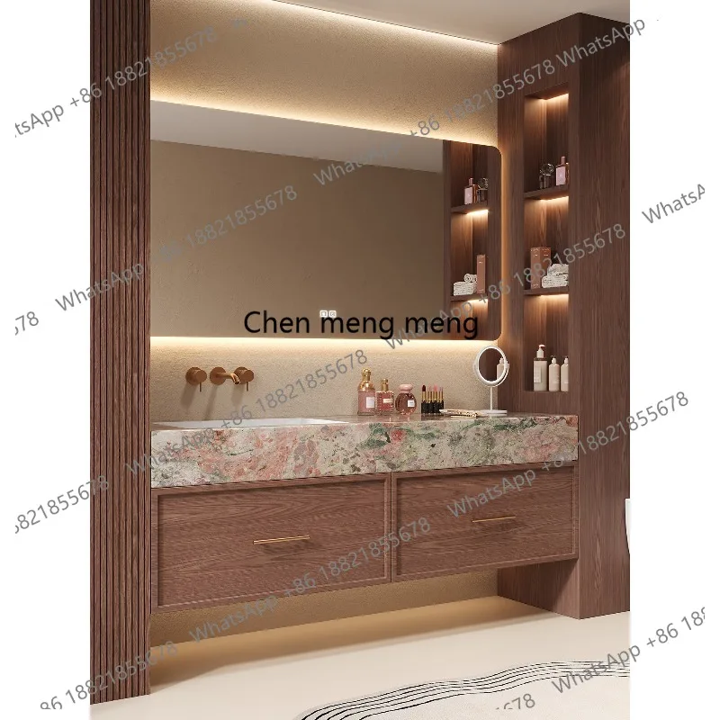 Medieval pink and green rock slab seamless ceramic integrated basin bathroom cabinet washstand bathroom