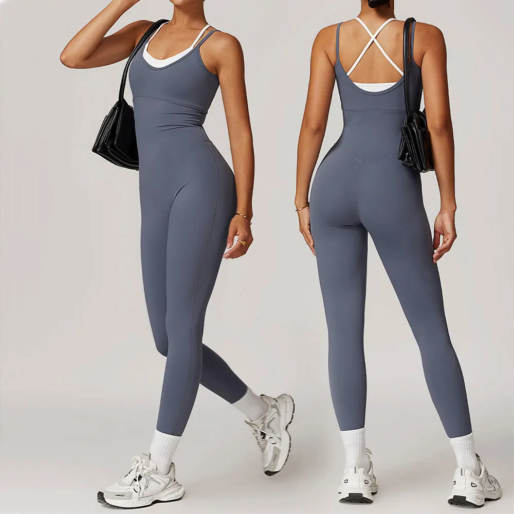 Nieuwe sexy dameskleding yogaset kleurblokkerende jumpsuits eendelig fitness rompertjes mouwloos sportkleding gym workout trainingspak