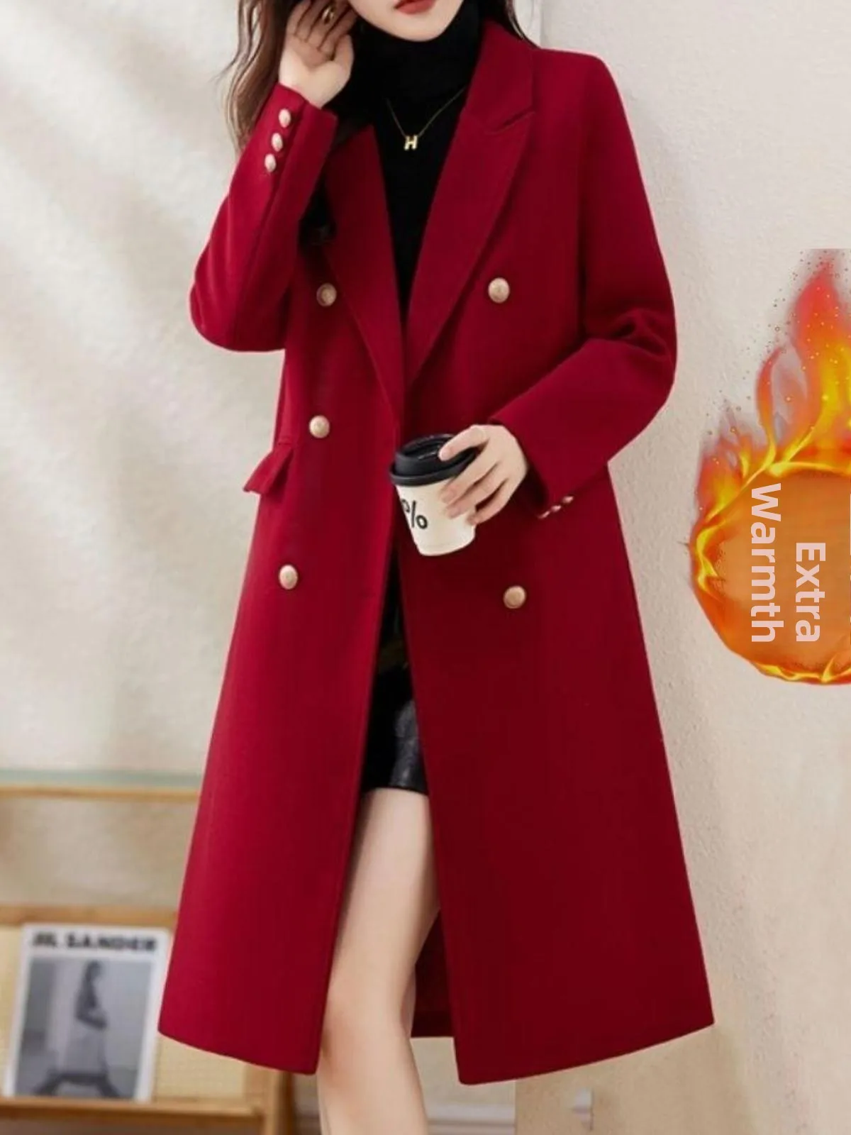 

Red Woolen Coat Women's Mid-Length Thickened Spring Autumn Winter New Style Quality Cotton Design Korean Style Long Sleeve