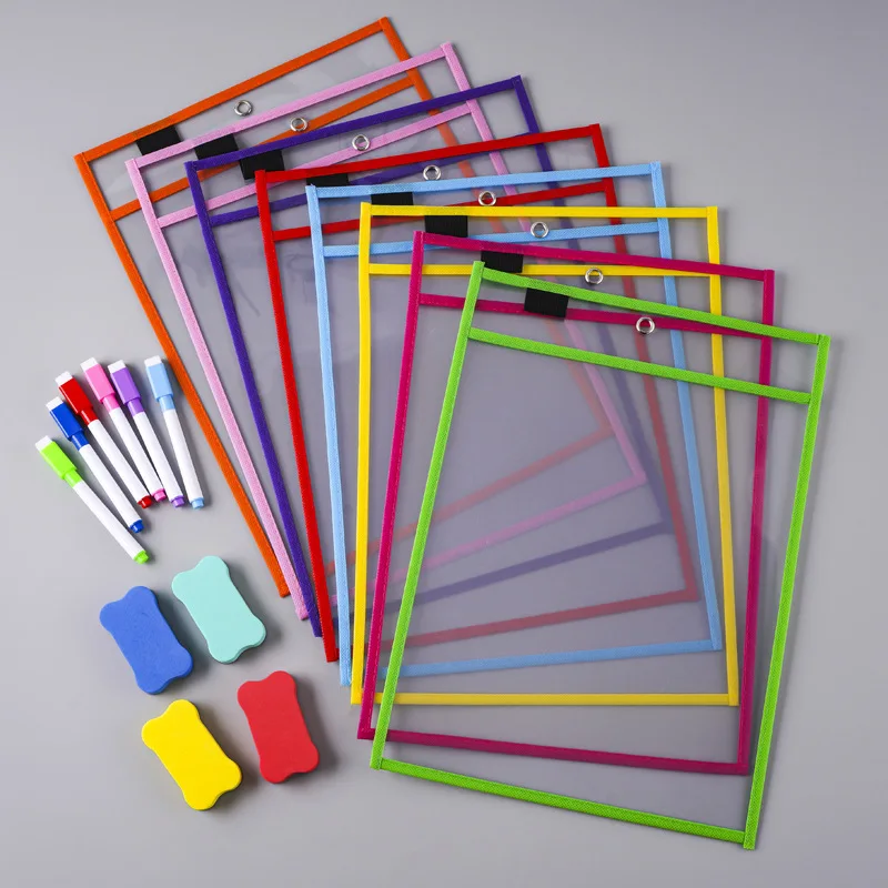 10 Color Reusable Dry Erase File Bag with Writing Practice Erasable Whiteboard Pen Random Color Eraser Paper Protective Cover