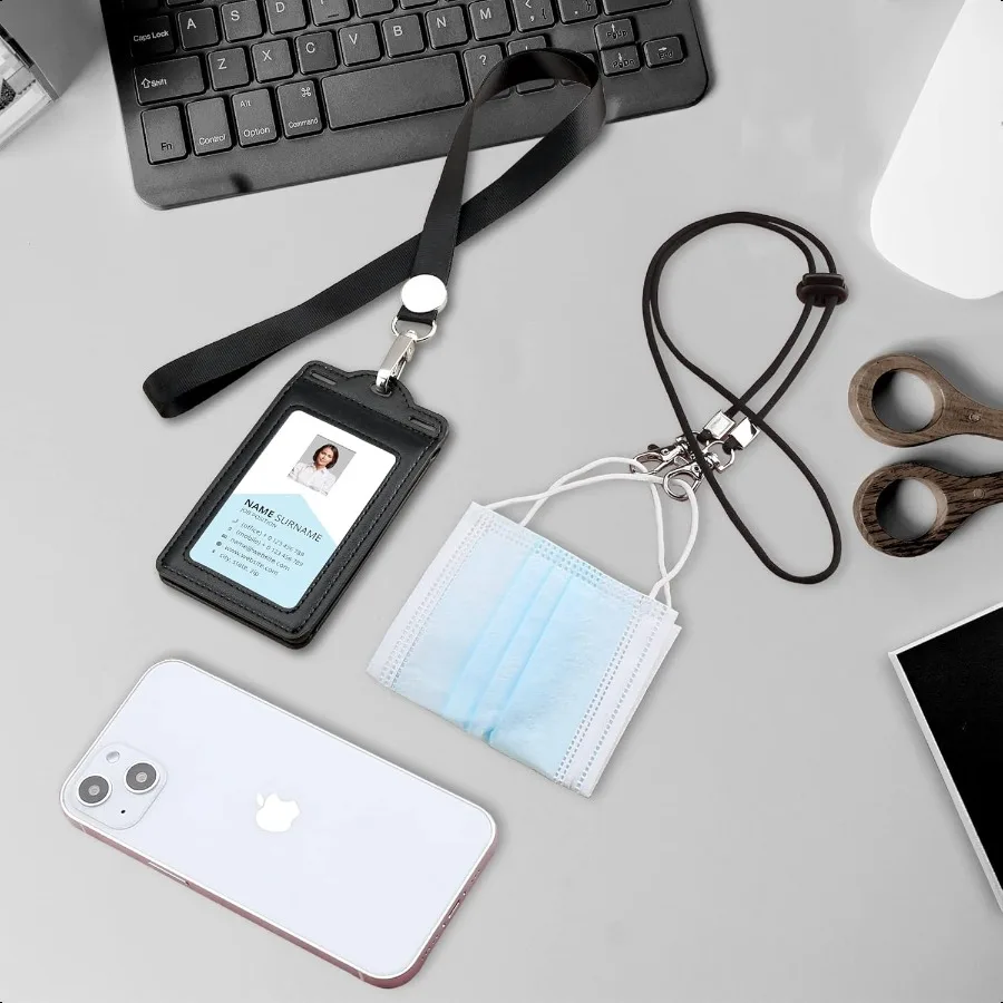 Suporte de crachá com 2 cordões de couro, contém facilmente cartões de 1 a 6 cartões, suporte de cartão de identificação resistente com três dobras para professor, escola, direito médico