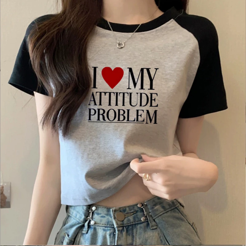 I Love Attitde Problem Y 2k Cropped Top Street Fashion Monogram Unisex T-Shirt 90s Slim Fit Baby T-Shirt