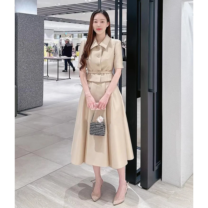 Ele Godd Set Waist-Cinching ort Sve Top with Umbrella Hem Skirt Ci Commute Ladies Faion A-Line Skirt