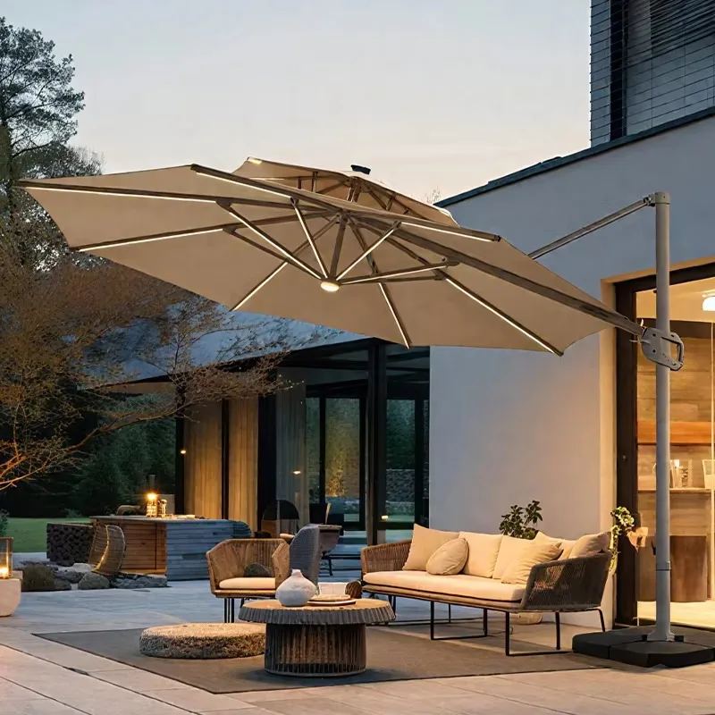

Роскошный консольный зонтик с боковой стойкой, водонепроницаемый садовый зонт для ресторана на открытом воздухе со светодиодом