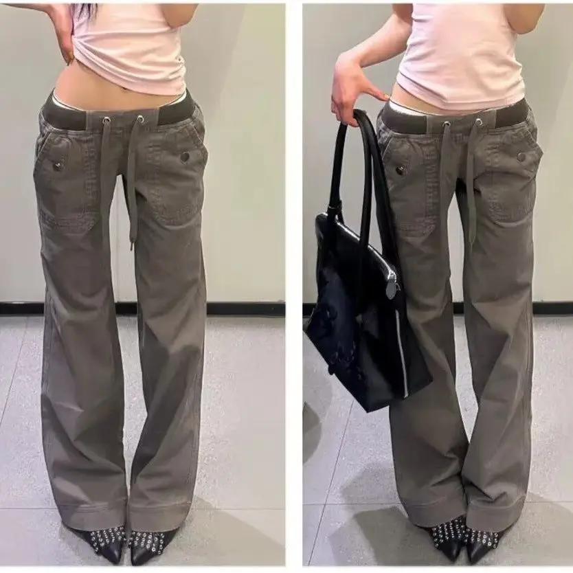 American Retro Strap Low-rise Jeans Women's Summer Babes Design Sense Niche Loose Straight Floor Mopping Overalls