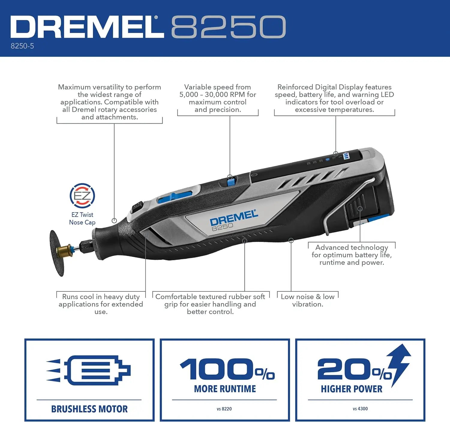 Dremel 8250-5 12 V Lithium-Ionen-Akku-Drehwerkzeug mit variabler Geschwindigkeit und bürstenlosem Motor – 5 Drehwerkzeug-Zubehörteile, 3 Ah Akku