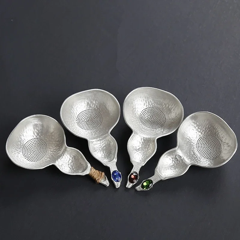 1PC Pure Tin Handmade Hammer Gourd Tea Leak Filter Tin Silver Gourd Scoop Tea Set Teaware Creativity Household Goods