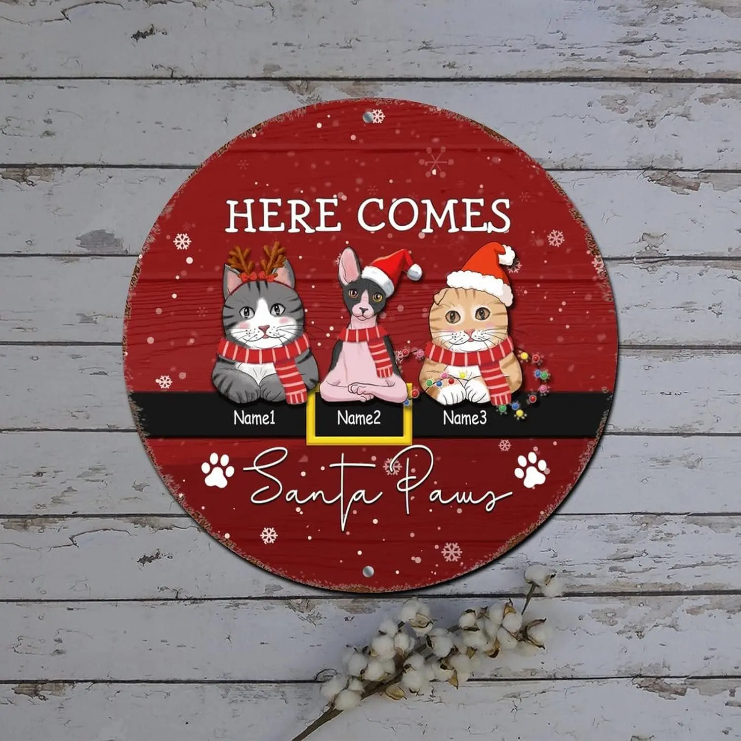 Merry Christmas Wreath Sign Custom Cat Name Here Comes Santa Paw Red Round Metal Tin Sign Christmas Door Decorations Indoor Retr