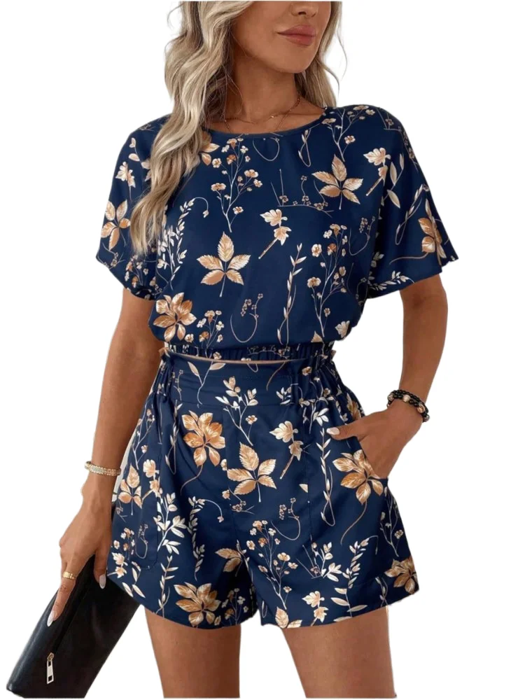 

Women Summer Fashion Casual Two Piece Set Comfort Commuting Printed Elegant Short Sleeves Cropped Tops And Shorts 2 Piece Sets