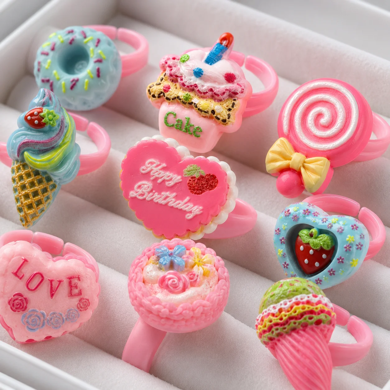 100pcs Adjustable Fruit & Vegetable Resin Rings for Kids Cute Cartoon Jewelry Assorted Colors for Girls & Boys Birthday Party Fa