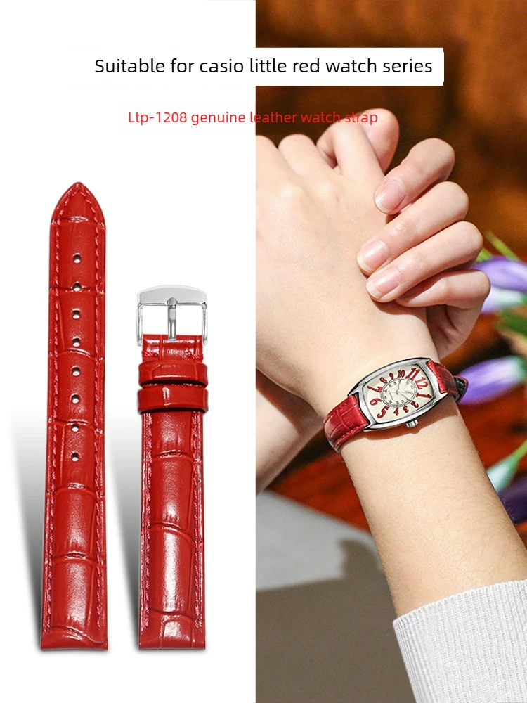 Correa de reloj de cuero roja para mujer, adecuada para Casio LTP-1208E-9B2, correa roja pequeña Casio Wine Barrel de 14 mm