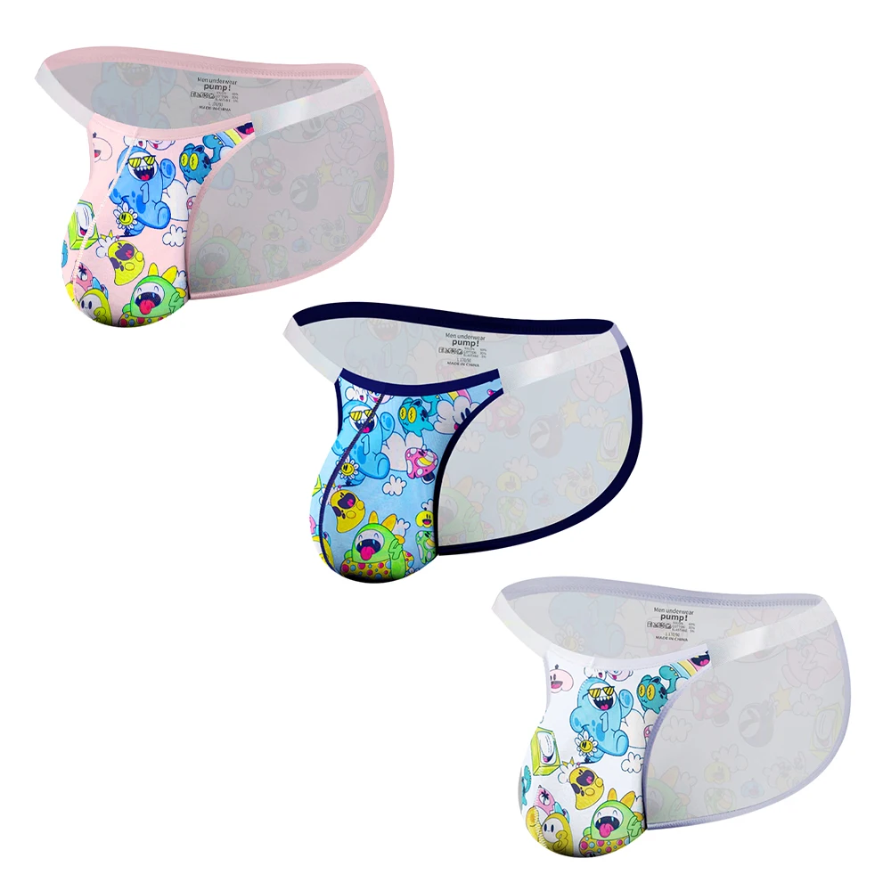 Men's Sexy Cartoon Print Bikini Briefs Ice Silk Transparent Waistband Underwear Low Rise Breathable Bulge Pouch Jockstrap