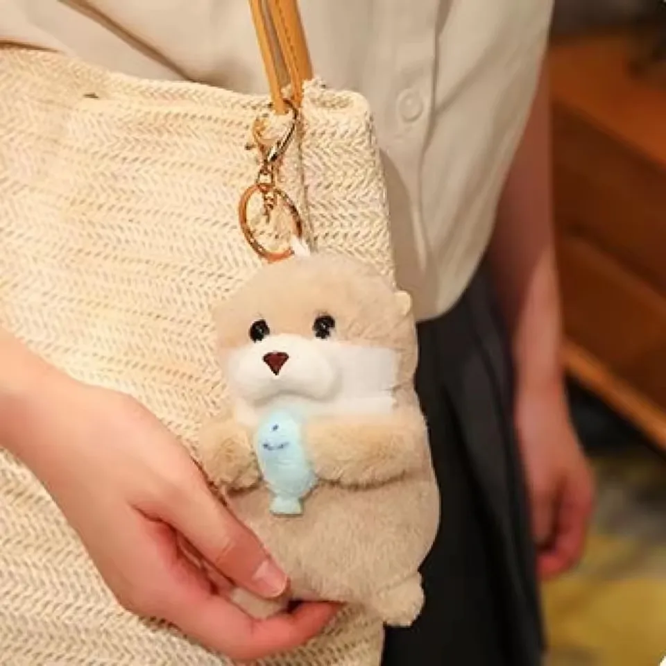 Cute Otters Holding Fish Plush Doll Keychain Hanging Pendant Props For School Bag Wallet Keyrings Toy Gifts