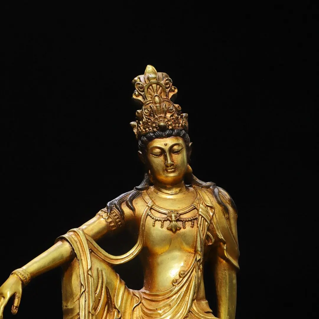 South Sea Zizai Guanyin Bodhisattva Pure Brass Gilded Statue Home Temple Desk Decor Antique Gift