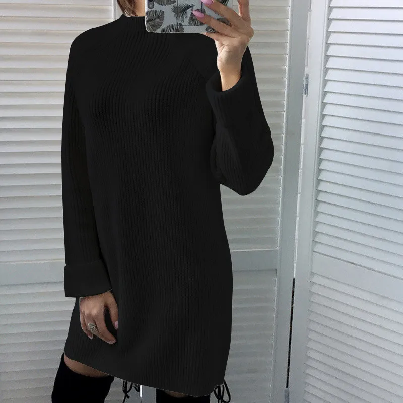 

2024 Autumn Sexy Elegant Fashion New Winter Casual Loose Solid Color Ladies Knitted High Neck Long Sleeve Ladies Mini Dress