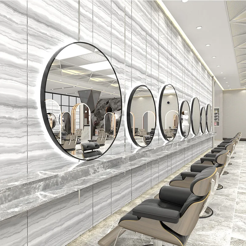 Wall-mounted mirror for hair salons, large round mirror and salon mirror with lighting, wall-mounted haircut