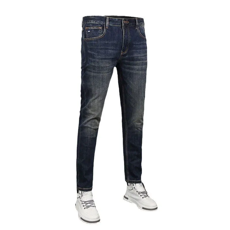European Fashion Men Jeans High Quality Retro Washed Blue Elastic Slim Fit Vintage Jeans Men Casual Designer Denim Pants Hombre