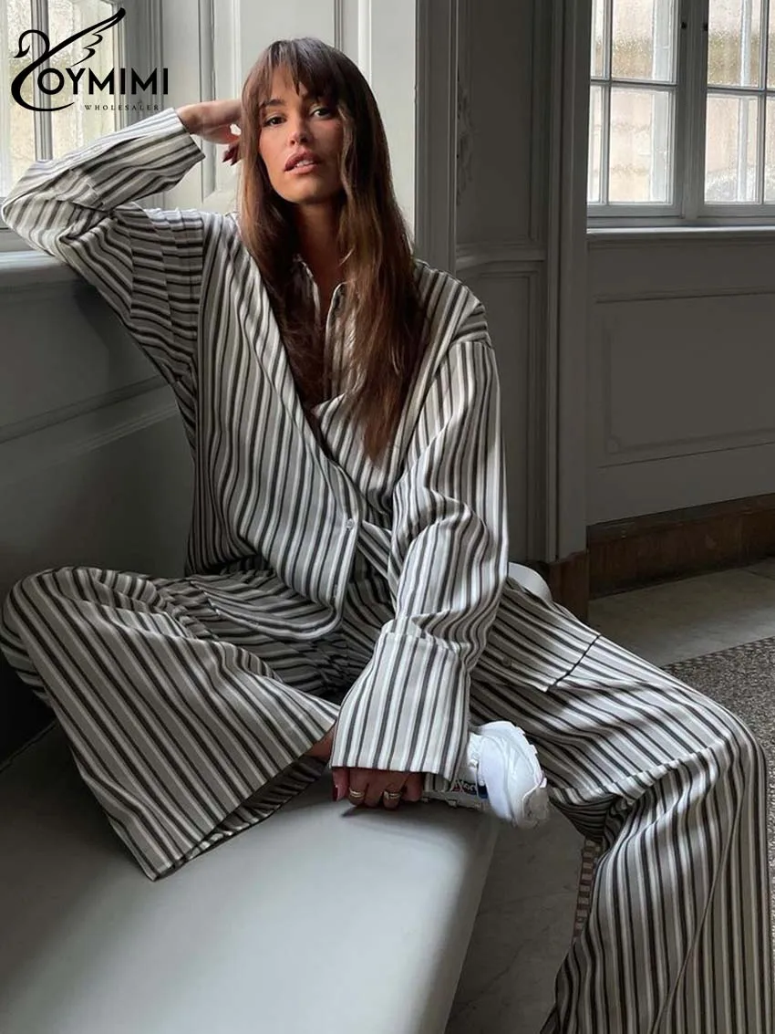 Oymimi Fashion Grey Striped Print Women Two Piece Set Casual Lapel Button Long Sleeve Shirts And Straight Full Length Pants Sets