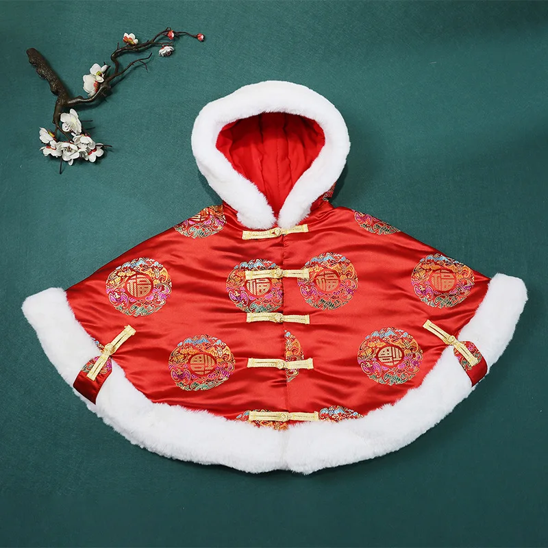 Traditional Chinese Style Baby Red Cloak Winter Cape Embroidery New Year Costume Hooded Robe Coats for Height 80~100cm 1-3Y