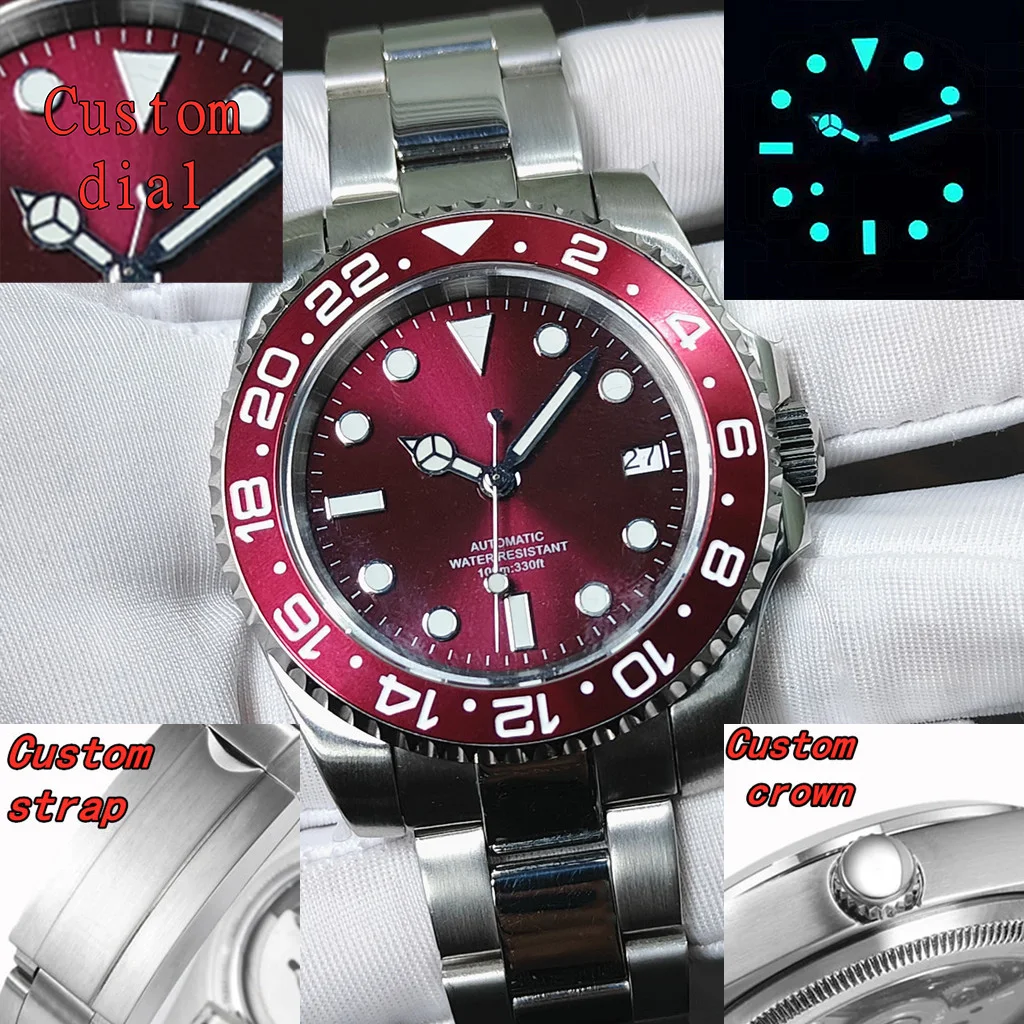 

Часы с индивидуальным логотипом, механизм NH35, 40 мм, серебряный корпус, роскошное сапфировое стекло, асептический циферблат, керамический безель, светящиеся в темноте, модные часы.