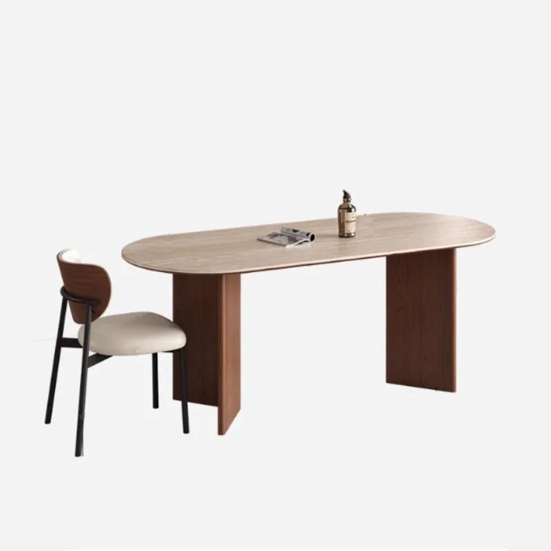 

French retro solid wood, rock slab dining table and chair combination simple oval designer medieval dining table