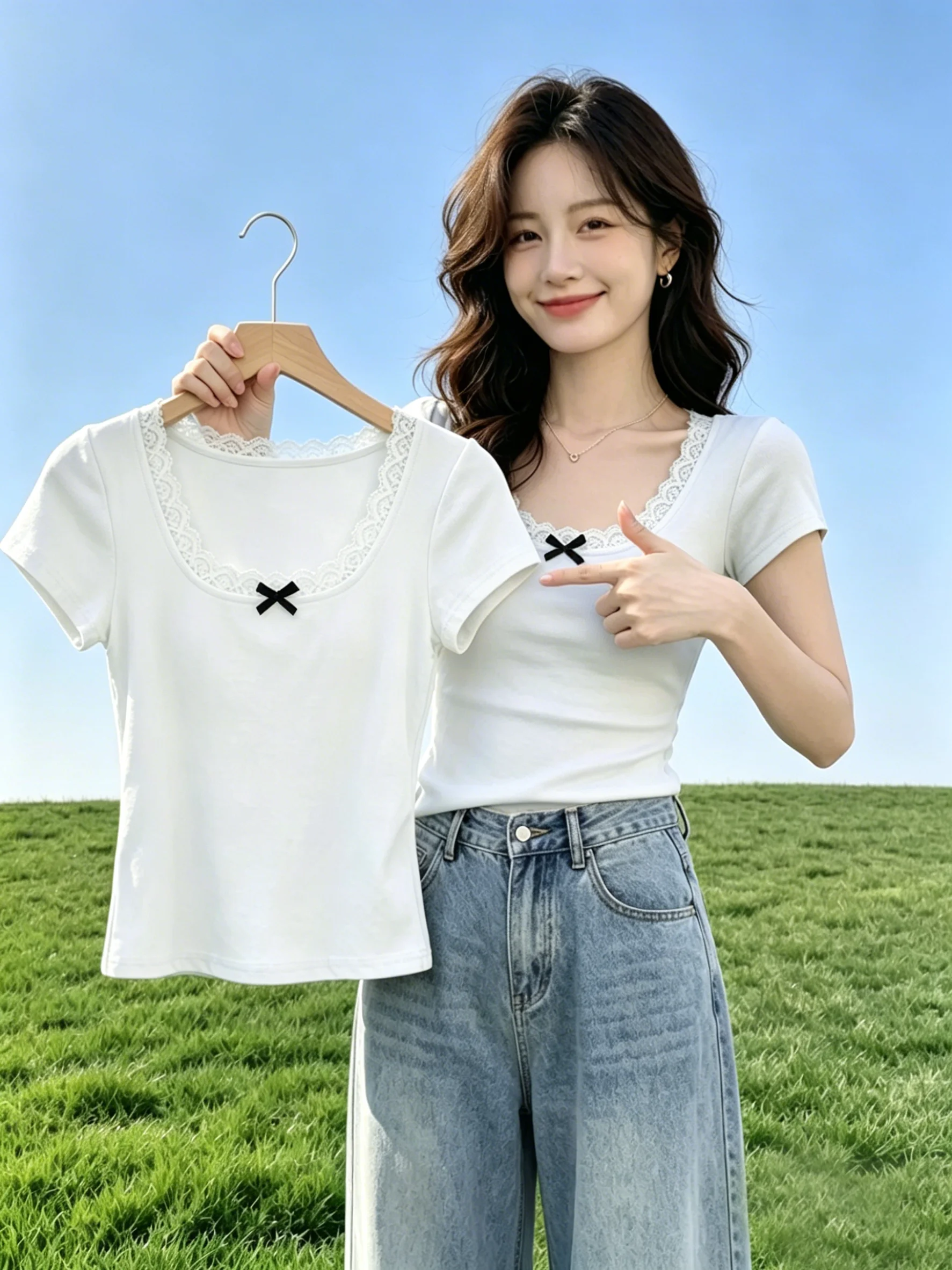 

Summer New Style Women's Short Sleeve T-shirt Lace Knot Cotton Polyester Blend Slim Fit Shoulder Appropriate Top