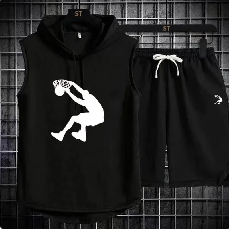 New Summer Mens Muscle Hoodie Vest Sleeveless Bodybuilding Gym Workout Fitness Shirt High Quality Vest Hip Hop Sweatshirt suit