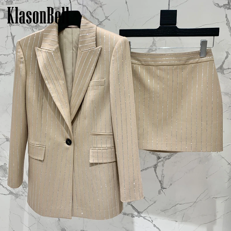 

3.18 KlasonBell Temperament Fashion Office Lady Bling Diamond Crystal Set Pocket Midi Blazer Or Black Zipper Mini Skirt