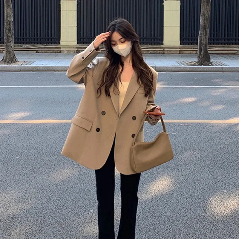 Women's Coffee Blazer 2026 Spring Autumn Korean Style Casual Suit Jacket for Petite High Street Fashion