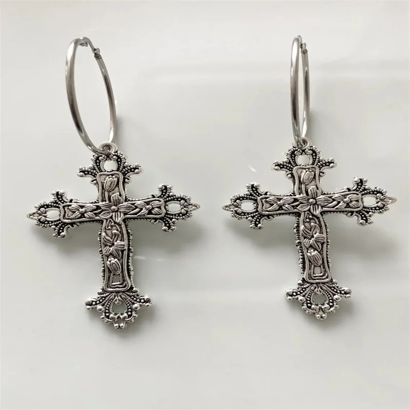 Large Antique Gothic Cross Hoop Earrings - Gifts for Her Trad Goth Jewelry Fashion Delicacy 2022 New Women Gift Girlfriend