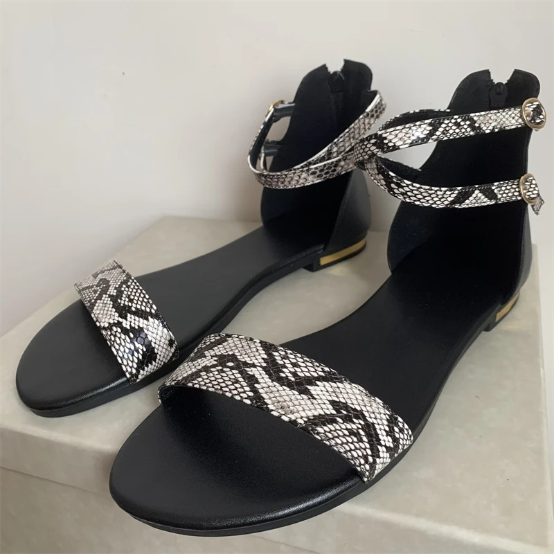 Summer Women's Sandals Genuine Leather Flat Shoes Flip Flops Casual Ankle Strap Snake Print Flat Gladiator Sandals Shoes Girls