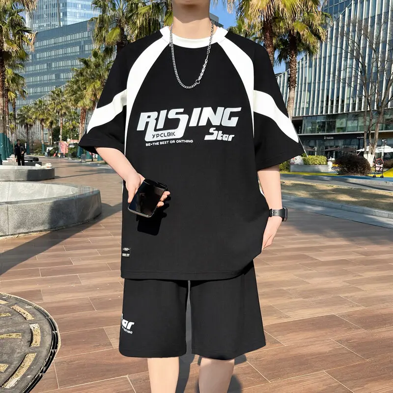 Conjuntos de verano para hombre, ropa de calle, camisetas de manga corta + Pantalones cortos, ropa deportiva transpirable de estilo chino para hombre, trajes de 2 piezas