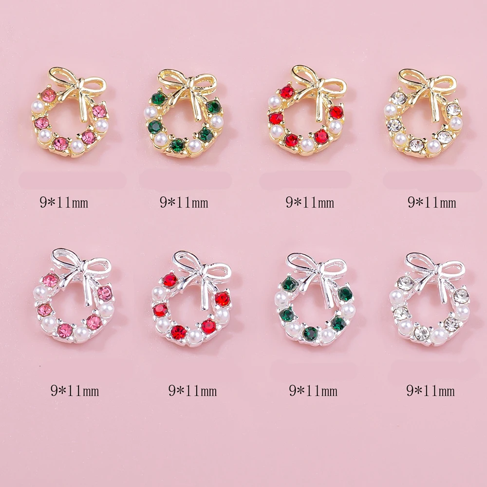 10Pcs Christmas Garland Nail Art Charms 3D Pink Red Diamond Pearl Wreath Nail Decorations Luxury DIY Manicure Accessories