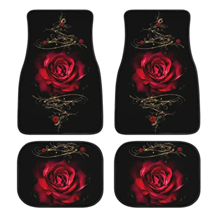 

Red Rose Floral Print Car Floor Mats Set of 4 Front Rear Non-Slip Decorative Carpets for SUV Truck Van Universal Fit