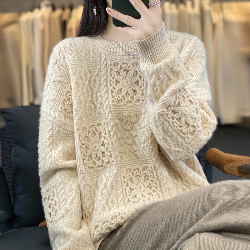 Cashmere sweater women\'s new O-neck pullover in autumn and winter 2023 100% Merino wool crocheted top fashion Korean version