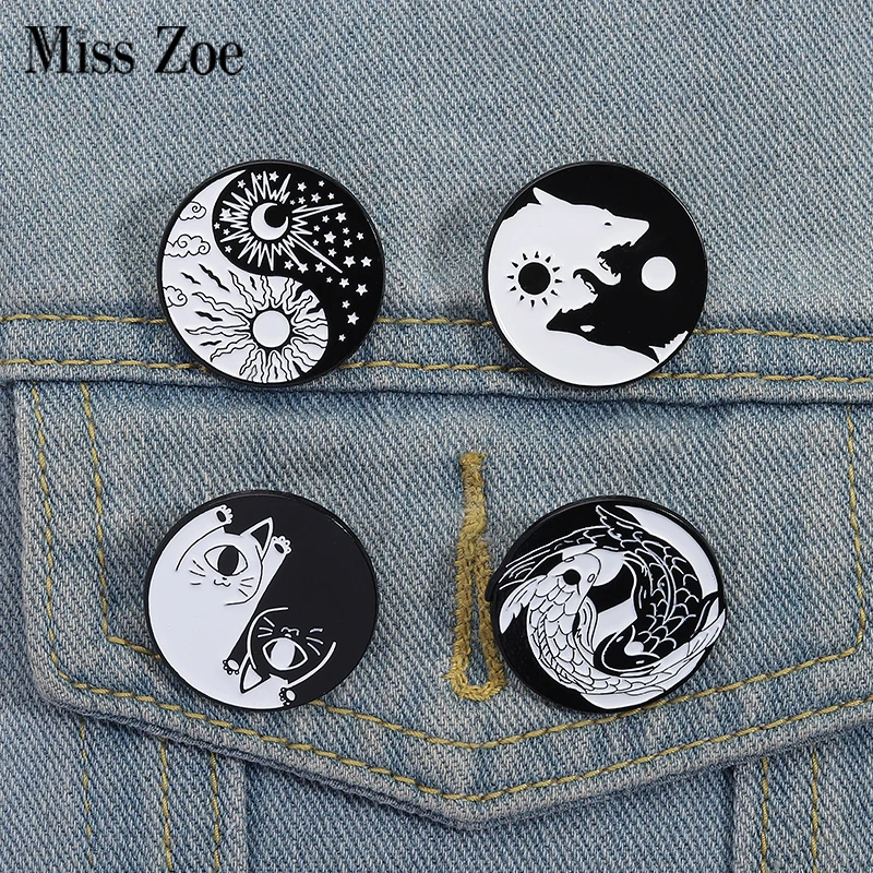 Yin-Yang Bagua Koi Enamel Pins Custom Sun and Moon Cat Brooches Lapel Badges Clothes Animal Jewelry Gift for Kids Friends