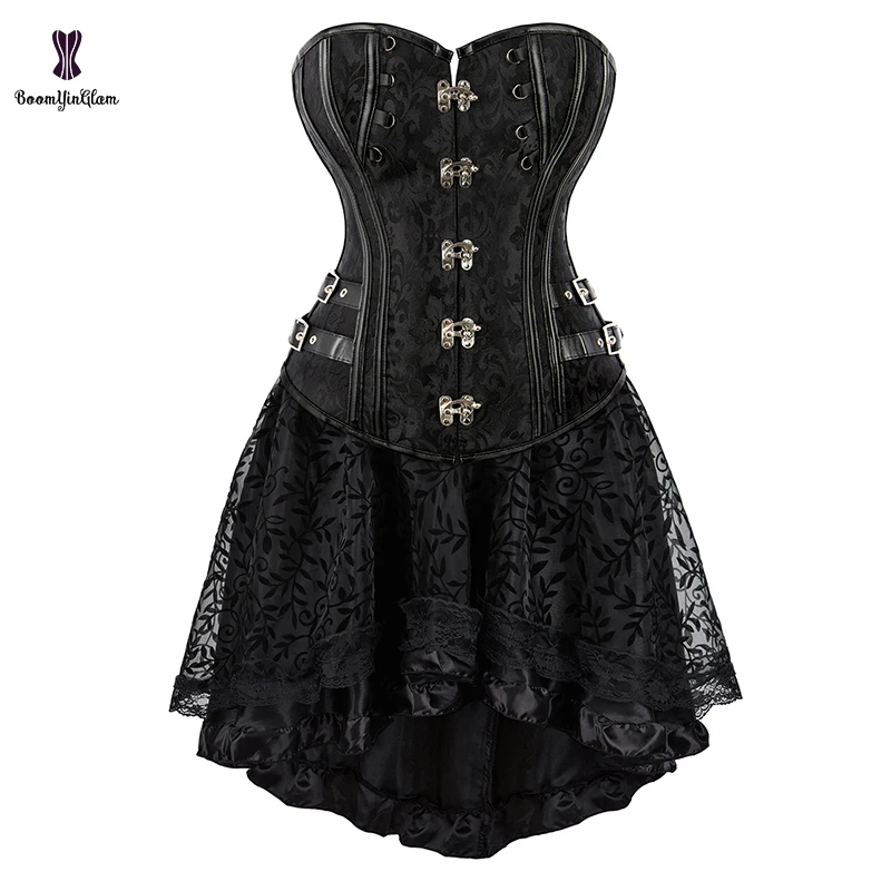 Women Strapless Bustier Top Heavy Steel Boned Corset Dress Brown Black Burlesque Gothic Corselet Skirt Set Plus Size S To 6XL