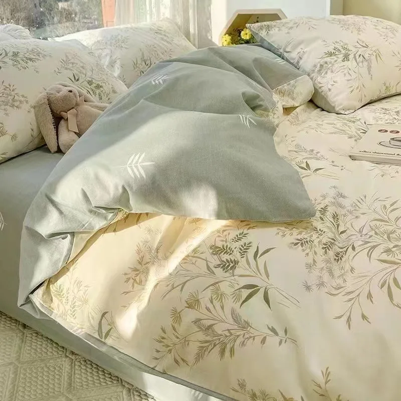 Green Botanical Print Bedding Set Soft Breathable Cotton Blend Duvet Cover Pillowcases Sheet Set Queen King Size for Bedroom