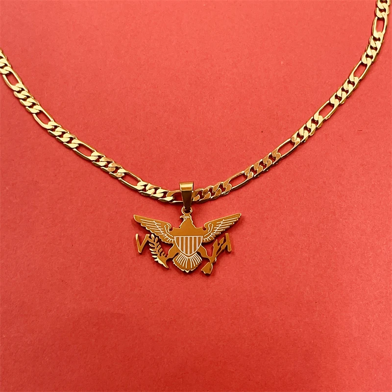 Virgin Islands Eagle Emblem Pendant Necklace Gold Figaro Chain Ethnic Style Men's and Women's Accessories