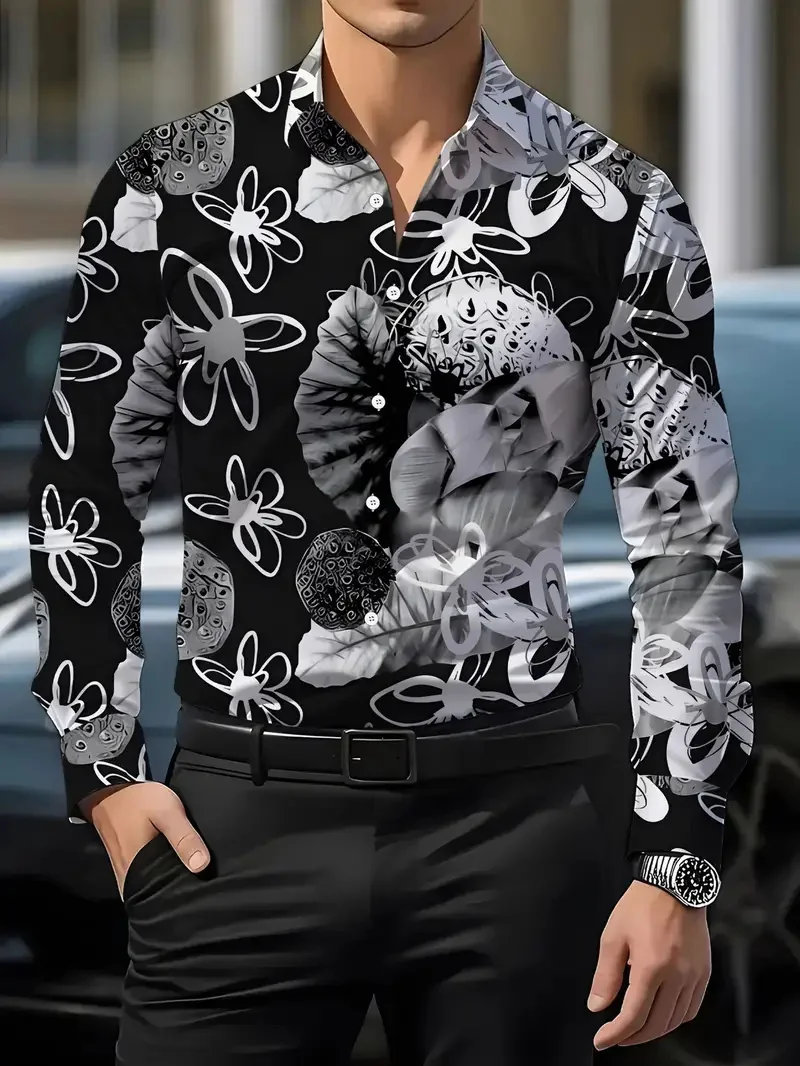 

Men's Shirt 3D Vintage Chain Print Outdoor Striped Long Sleeve Button Clothing Fashion Street Style Design