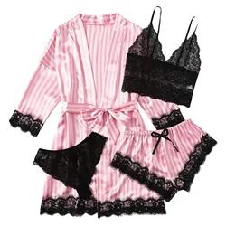 2023 Women Pajamas Sets Satin Sleepwear Silk 4 Pieces Nightwear Pyjama Strap Lace Sleep Lounge Pajama with Chest Pads Gifts