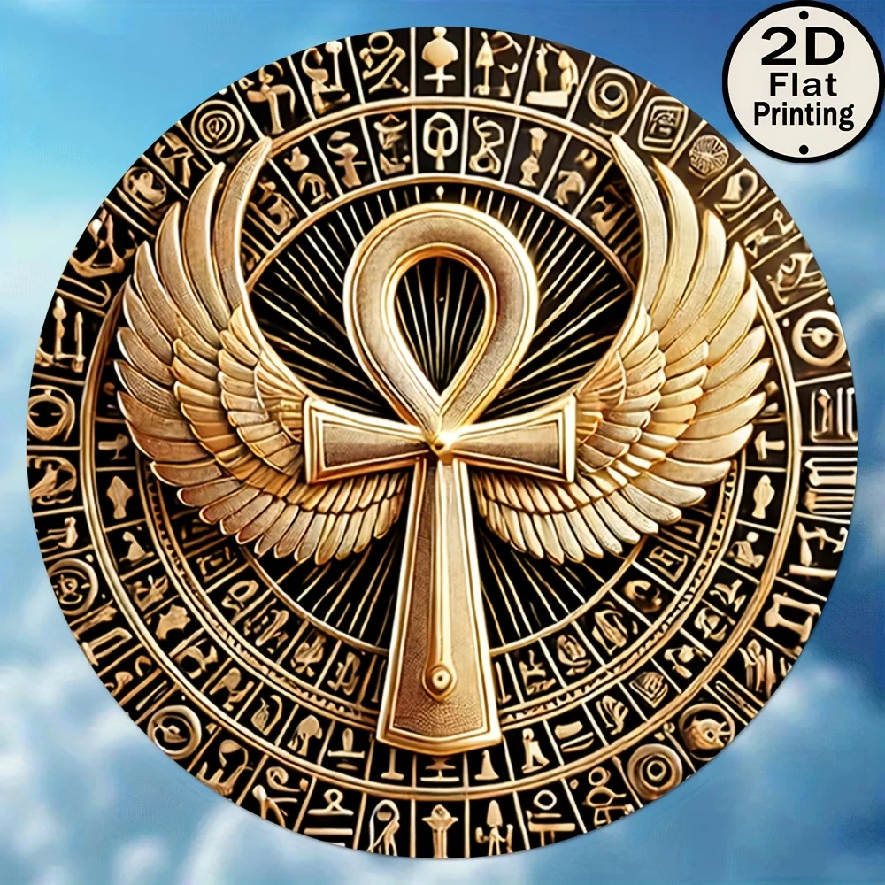2D flach, 1 Stück Vintage ägyptisches Ankh & Winged Disk Metallschild – 20,32 cm runde Eisenwandkunst, altägyptisches Symbol fürs Leben, Hom