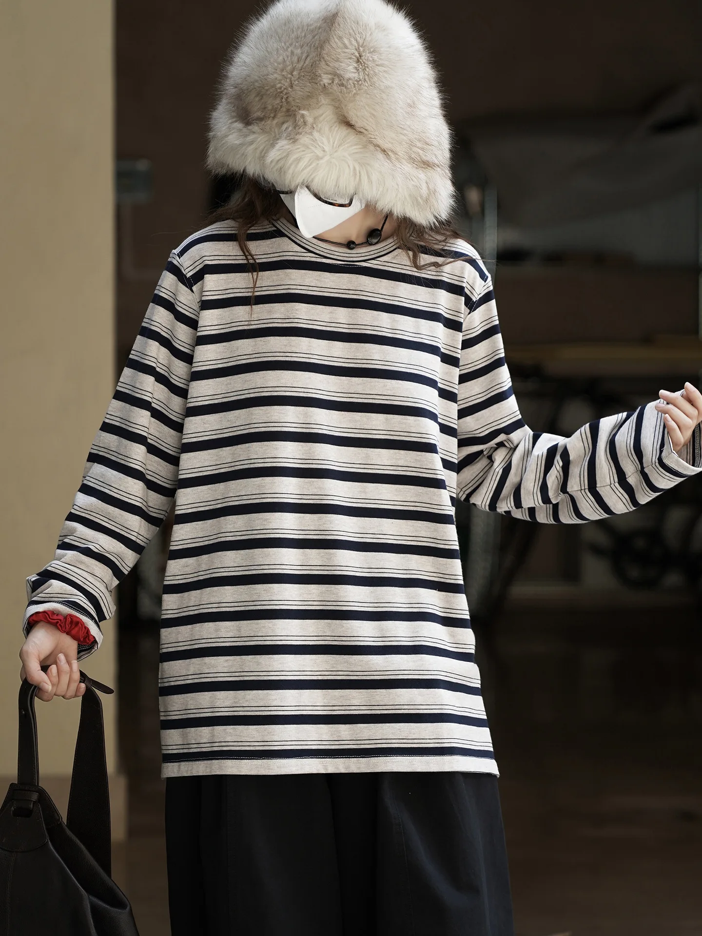 

Autumn new Korean lazy and simple style basic striped long sleeved T-shirt loose and versatile top for women