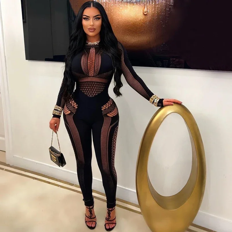 FHSEER Women's Sexy Jumpsuit Mesh Sheer Hollow Out Long Sleeve Bodycon One Piece Stretchy Jumpsuit Club Party Night Out Oufits