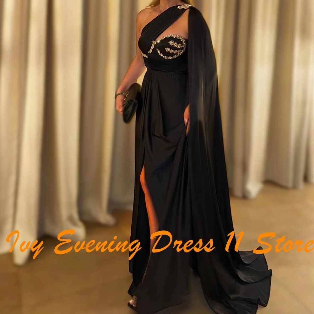 Customized Exquisite Watteau Train One Shoulder Pleats Crystal Evening Dress Temperament Front Slit A-Line Satin Party Gown