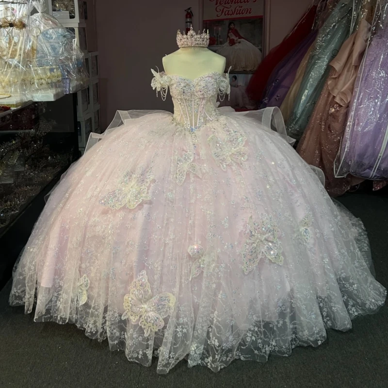 

Pink Shiny Quinceanera Dresses Off The Shoulder Sequin Applique Lace Bow Beading Tull Corset Party Birthday Sweet 16 Dress Vesti