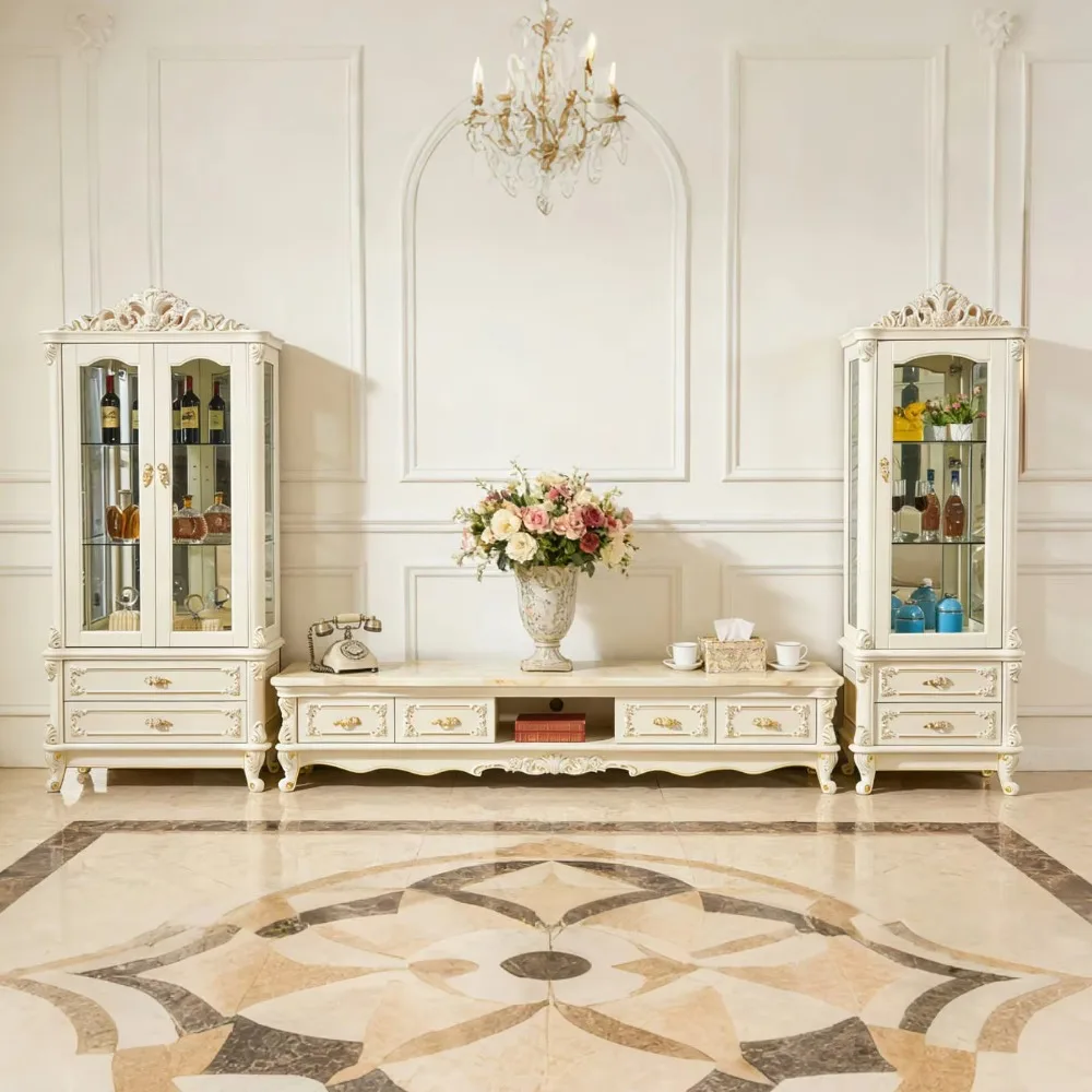 Solid Wood Sideboard Cabinet Bathroom Storage French Luxury Neoclassical Living Room Background Wall Optional Style