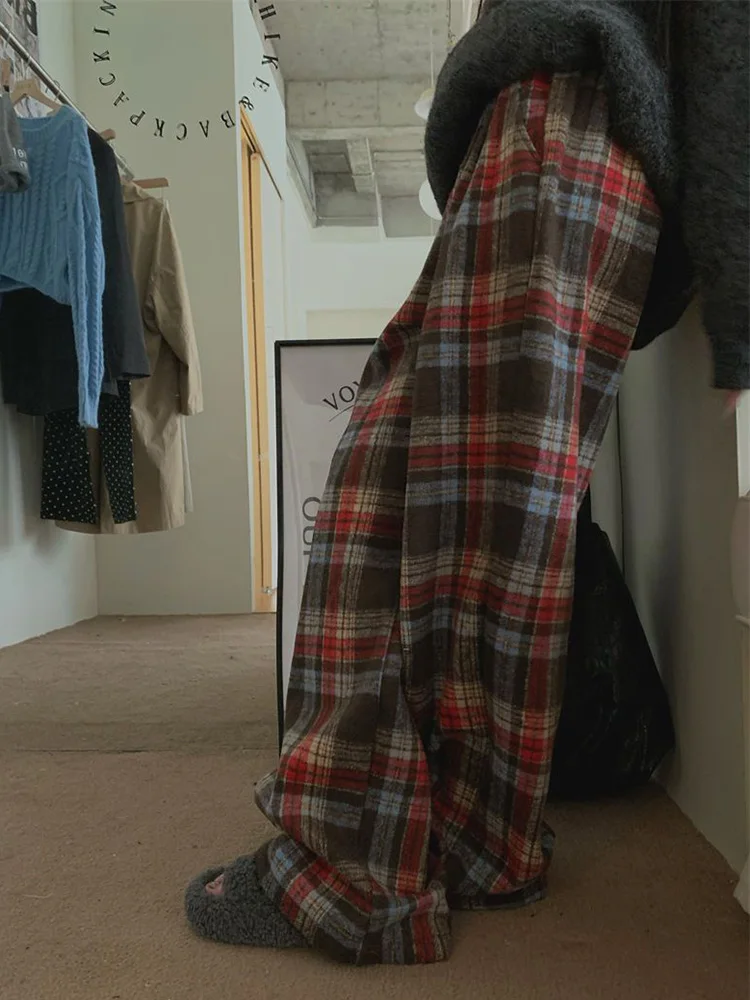 チェック柄暖かいフェイクウールパンツ女性ストリートレトロハイウエストストレートパンツカジュアル原宿レディース秋冬ルーズパンツ新作