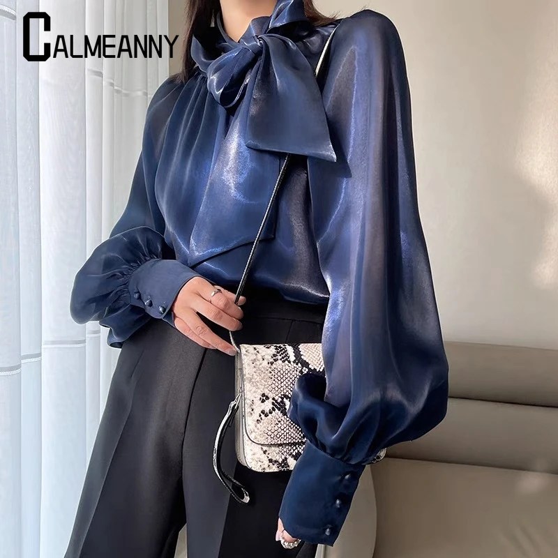 Blusa de satén para mujer, camisa elegante con lazo grande, edición coreana, informal, manga abullonada, Top liso, primavera y otoño, novedad de 2023